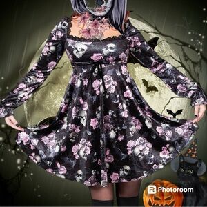 KILLSTAR Imperia Skull and Roses Velvet Babydoll Dress